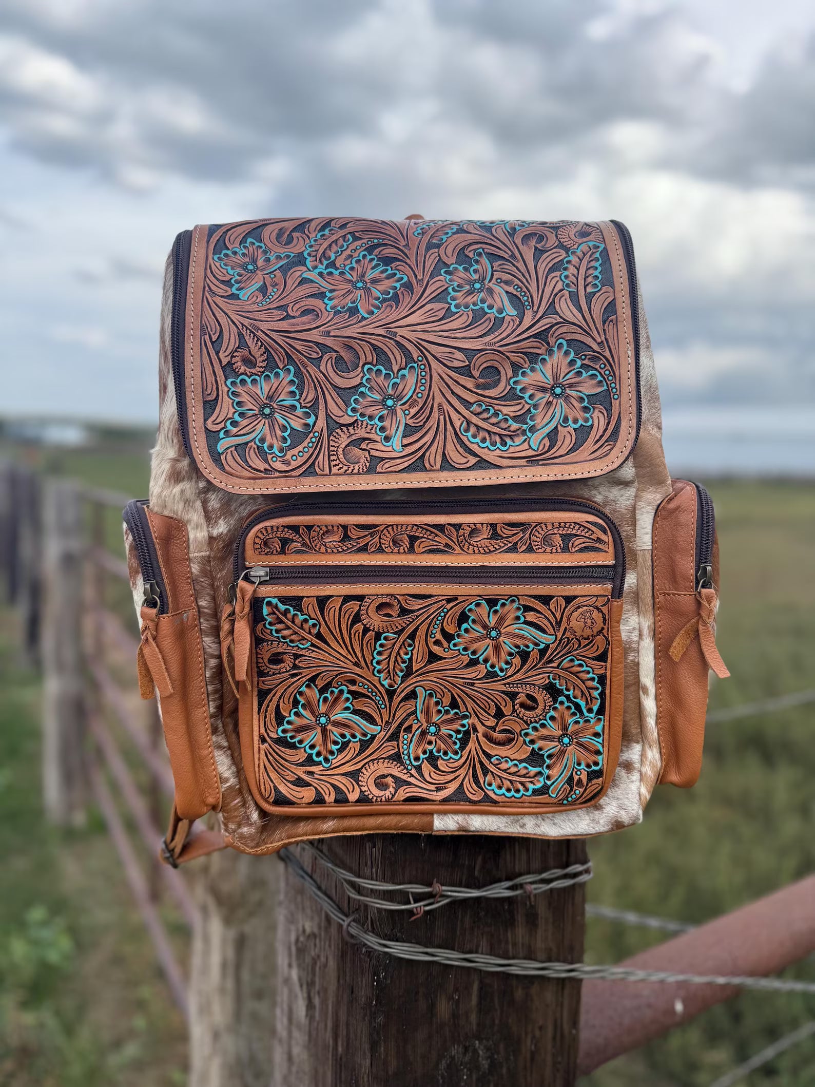 Tooled leather cowhide diaper bag/backpack